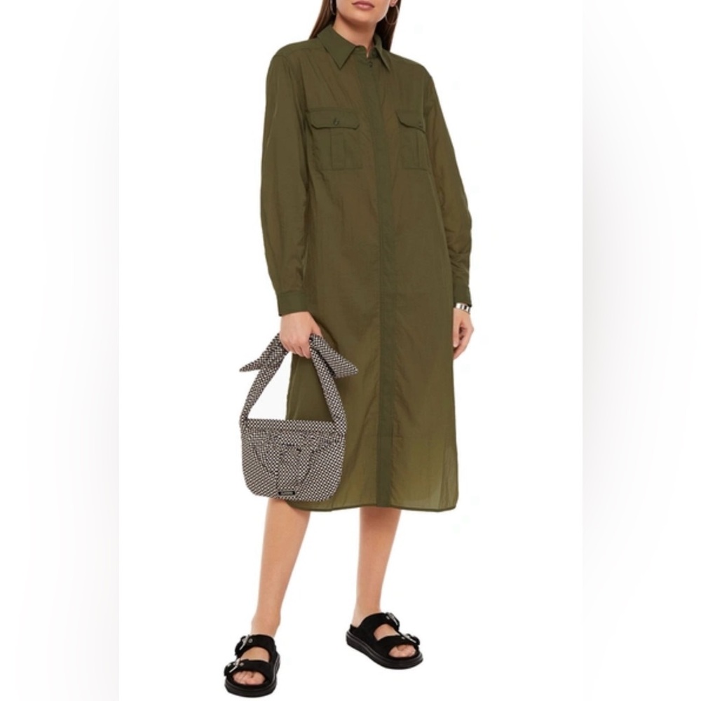 GANNI Olive green shirt-dress in 100% fine cotton ripstop. 2018 Collection.